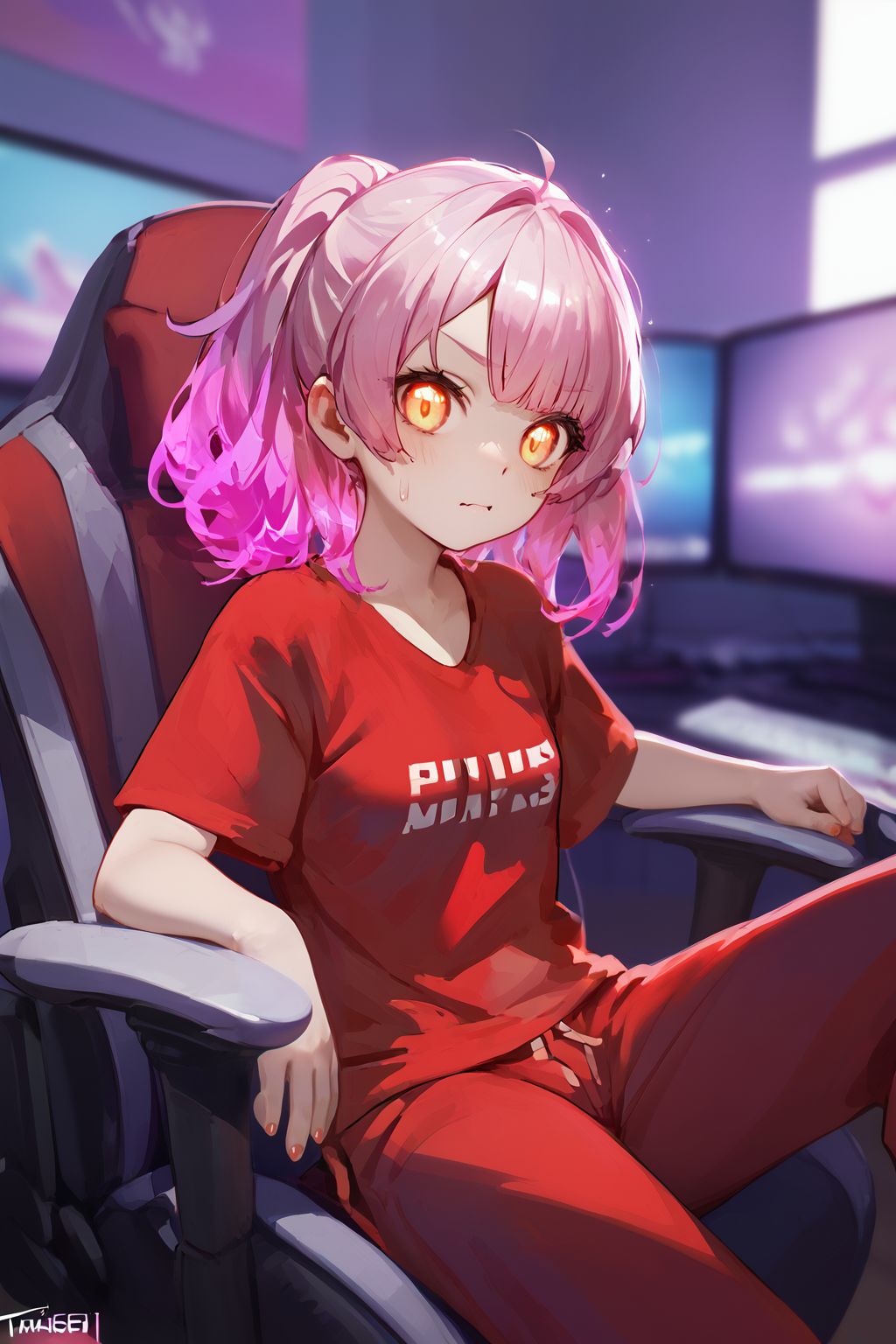 PDXL, <lora:GamingChairV1:1>, g4m1ngch4ir, 1girl, cute face, detailed eyes, sitting in a gaming chair, 
small breasts, 
red t-shirt, sweatpants, 
orange  eyes, 
pink sclera, 
long red glowing hair,
