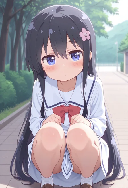 masterpiece,best quality,amazing quality, shirosaki hana, long hair, black hair, blue eyes, 1girl, school uniform, solo, hair flower, blush, flower, looking at viewer, outdoors, hair ornament, dress, squatting, sailor dress, very long hair, red bow