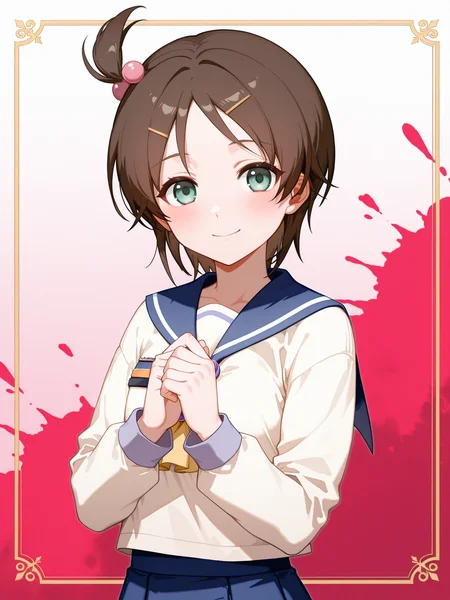 ningen mame, nagasawa tougo, ciloranko, <lora:MayuCoPaXL:1>, Mayu_CoPa, 1girl, hair bobbles, side ponytail, school uniform, ascot, blue pleated skirt, short hair, hairclip, badge, looking at viewer, upper body, inset border, red paint splatter, gradient background, brown hair, smile, cream shirt, tachi-e, blush, own hands together, 
absurdres, best quality, masterpiece, high quality, detailed