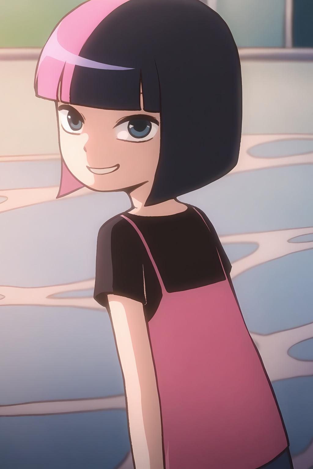 <lora:kele:1>,kele,1girl,solo,black eyes,blue eyes,short hair,two-tone hair,black hair,pink hair,colored inner hair,bob cut,blunt bangs,shirt,t-shirt,black shirt,pink shirt,short sleeves,smile,looking at viewer,, masterpiece,best quality,amazing quality,absurdres, anime screenshot, lazypos ,