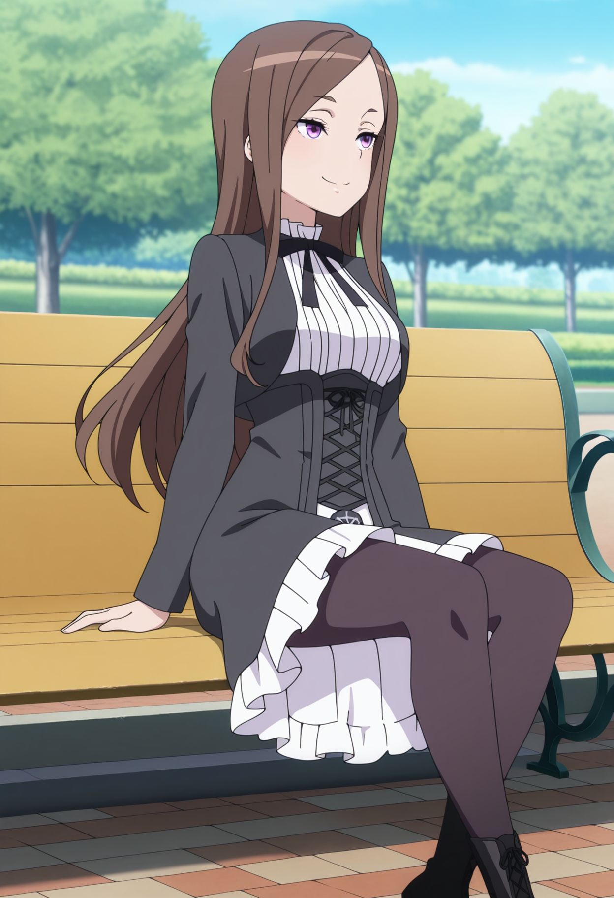 masterpiece, best quality, anime screenshot, anime, 1girl, solo, <lora:Dorothy [Illustrious] Princess Principal:1>, Dorothy, purple eyes, brown hair, long hair, black ribbon, neck ribbon, school uniform, long sleeves, frilled skirt, black pantyhose, black footwear, boots, park, outdoors, smile, blue sky, sitting, on bench,
