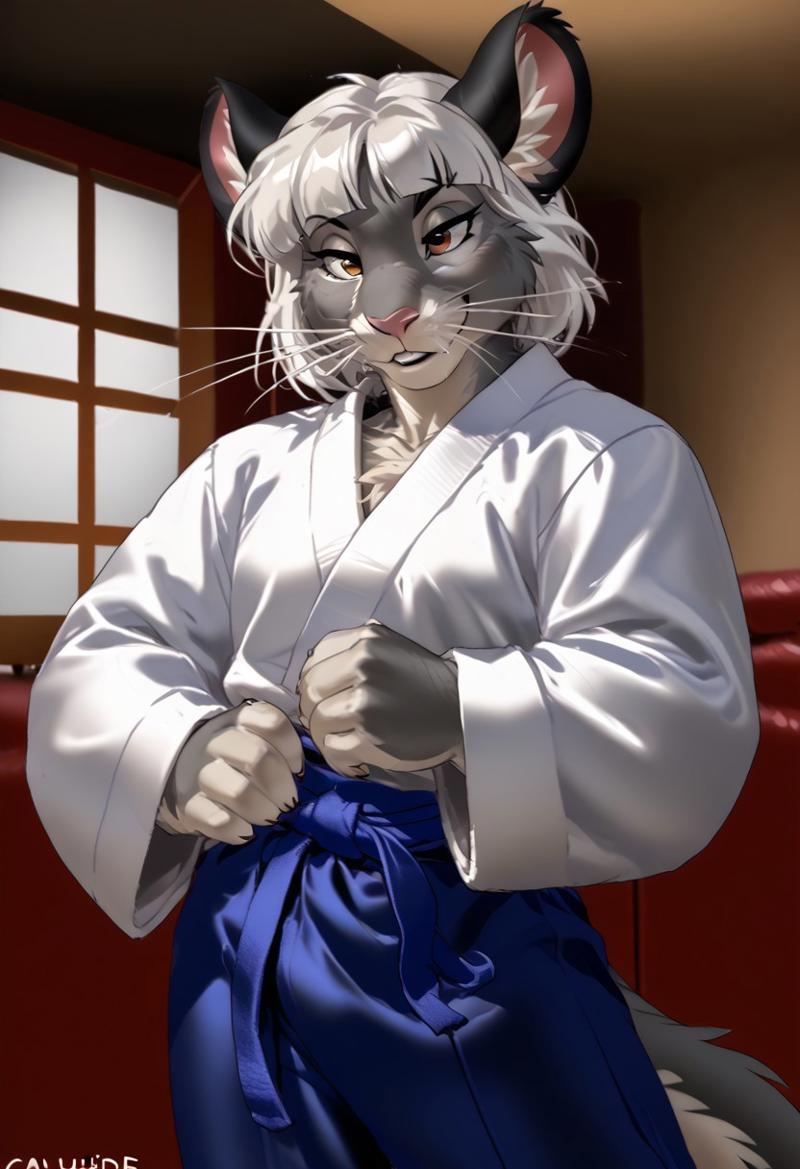 score_9, score_8_up, score_7_up, (by jailbird:1.5), (by kittydee:1.5), (by zummeng:1.5), masterpiece, best quality, (solo),  
(Furry Art: anthro: chinchilla:1.5), expressive eyes, feminine eyes, <lora:beautiful_detailed_eyes:1>, perfect face, rodent, grey fur, long tail, round animal ears, whiskers, rabbit nose, (white hair:1.5), (bob cut hair), (blunt bangs), small breasts, (judo topwear:1.5), (judo pants:1.5), (sports bra),
