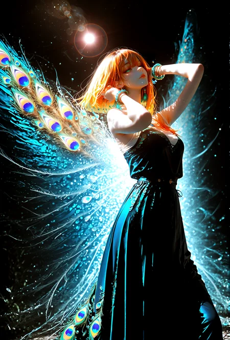 Peacock, 1girl, solo, dramatic angle, crystal, adjusting hair, bracelet, energy wings, Long skirt, Ethereal light diffuses across the scene, atmospheric glow, organic textures, crystal Feather evoking, impressionist, watercolor, Depth of field, (sidelighting background:1.2)::0.2], (lens flare background:1.2), masterpiece, best quality, amazing quality, very aesthetic, absurdres, highres, newest, intricate details, high contrast, contrapposto, lazypos, <lora:TrendCraft_The_Peoples_Style_Detailer-v1.0A-3_13_2025-NoobVPRED:0.9> <lora:Peacock_World_Morph_XL:1>