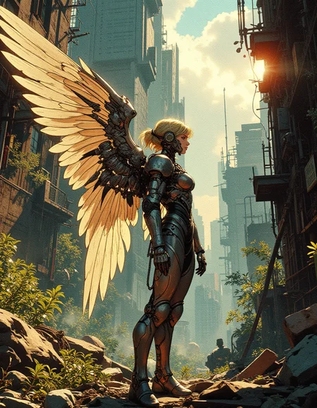 a futuristic woman resembling a angel with metallic armor and biomechanical wings, standing in the ruins of a post-apocalyptic city. The environment is overgrown with plants, nature reclaiming the world. Sunlight shines through the broken buildings, casting dramatic shadows. Ultra-detailed, cinematic, sci-fi concept art, high realism, 