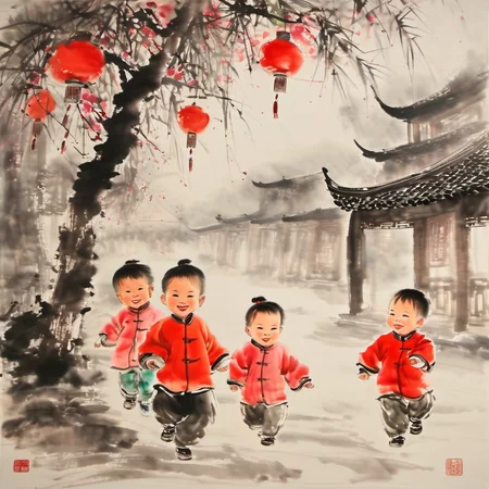 masterpiece,high quality,ink-painting art,nobody, solo,children, Smile, Chinese style, Chinese year, festive,<lora:ink-paintingXL-000004:1>,