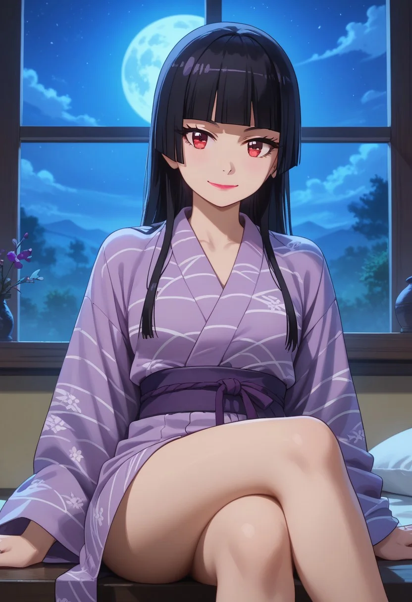 score_9, score_8_up, score_7_up, source_anime, rorymercury,
<lora:rory-mercury-s1s2-ponyxl-lora-nochekaiser:1>, rory mercury,
1girl, solo, closed mouth, light smile,
long hair, black hair, red eyes, hime cut, blunt bangs, lipstick,
yukata, purple kimono,
sitting, crossed legs, looking at viewer,
indoors, window, night, moon