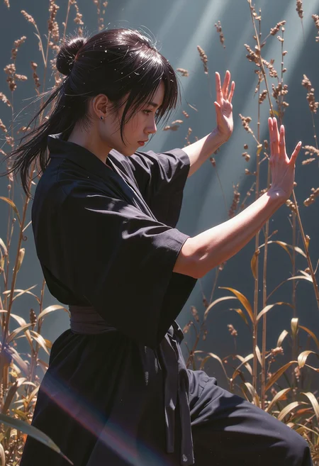 p0st_1mp4ct style, miboso, (dutch angle:1.2),(view from below:1.4), A young woman in a traditional Japanese kimono stands poised in a powerful Wing Chun stance amidst a dark, mystical reed-filled landscape, reminiscent of Ashley Wood's eerie and mystical art style. The reeds sway ominously in the background, as if sensing her impending movement, set against a subtle Dutch angle distortion of 20%. Her muscles are tense and coiled, ready to strike, casting a sense of foreboding and anticipation in this haunting and atmospheric scene. <lora:Evangelion_Post-impact_Apocalyptic_Style_Flux.1_D_by_AutoPastel-000019:0.41> <lora:Hand v2:1.11> <lora:Miboso_Style:0.55> <lora:qiu_blue_000009500:0.41>