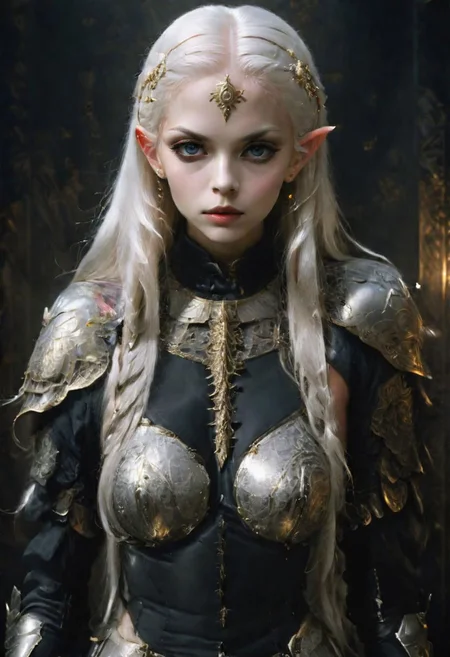 analog film photograph of the high queen, an elf female of unearthly beauty, very long straight white hair, very pale pink skin, light grey eyes, (natural ears:1.2)
mysterious smirking expression, looking down at the viewer, wearing (intricately decorated Milanese black (full cuirass) plate armor:1.4), intricately decorated with a damask, gold inlay, (brandishing a glowing sword pointed at the viewer:1.9),
elf queen, full body shot,
1girl, GLOWING STYLE