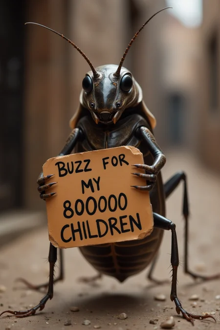 cinematic, cockroach holding a sign that says "BUZZ FOR MY 800000 CHILDREN"
