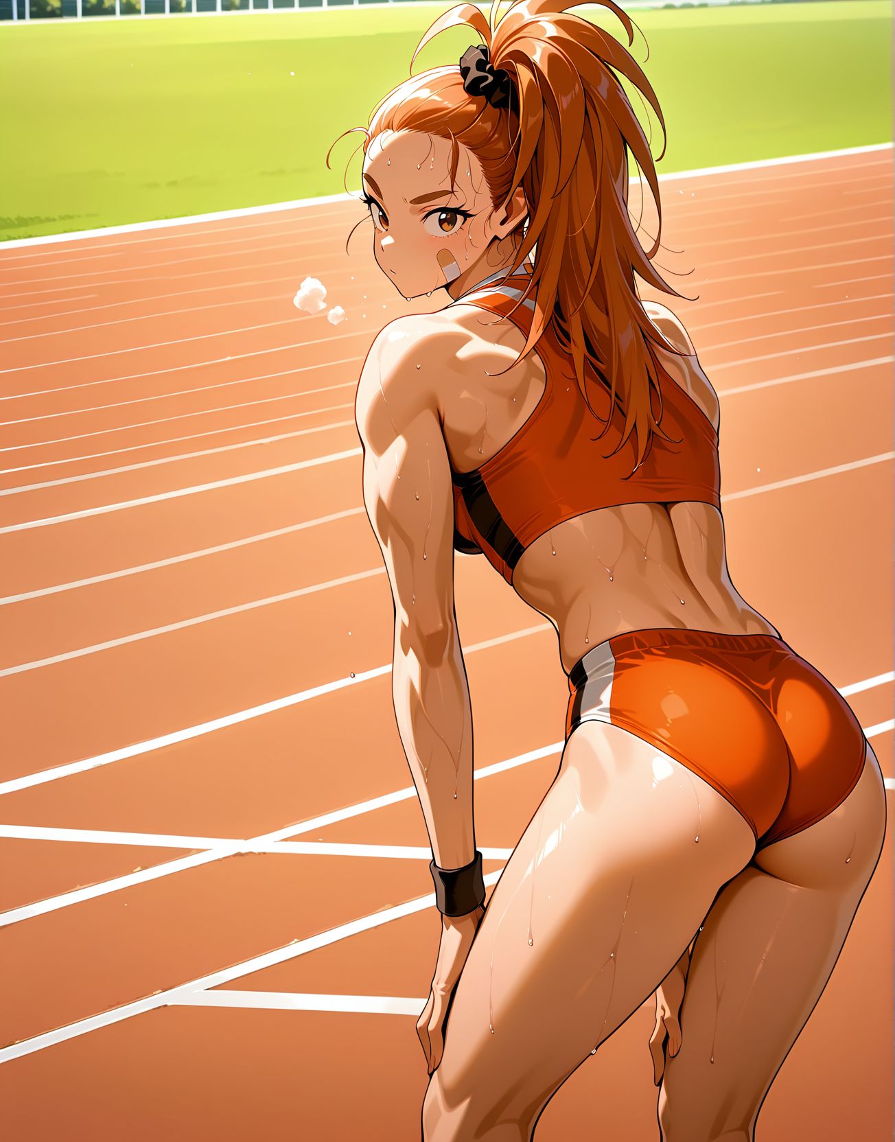 <lora:add-detail-xl:0.5>,,masterpiece,best quality,anime coloring,anime screenshot,
<lora:female_athlete:1>female_athleteV1,
1girl,ass,buruma,solo,
track and field,sweat,
track uniform,outdoors,
sports crop top,
track briefs,midriff,
hands on knees,
<lora:CaptainMizuki(Manga)_ILXL_v1:0.8> captain mizuki,  bandaid on face, muscular female, toned, long hair, ponytail, forehead, hair scrunchie, 
sports bra, midriff, navel, linea alba, buruma,
