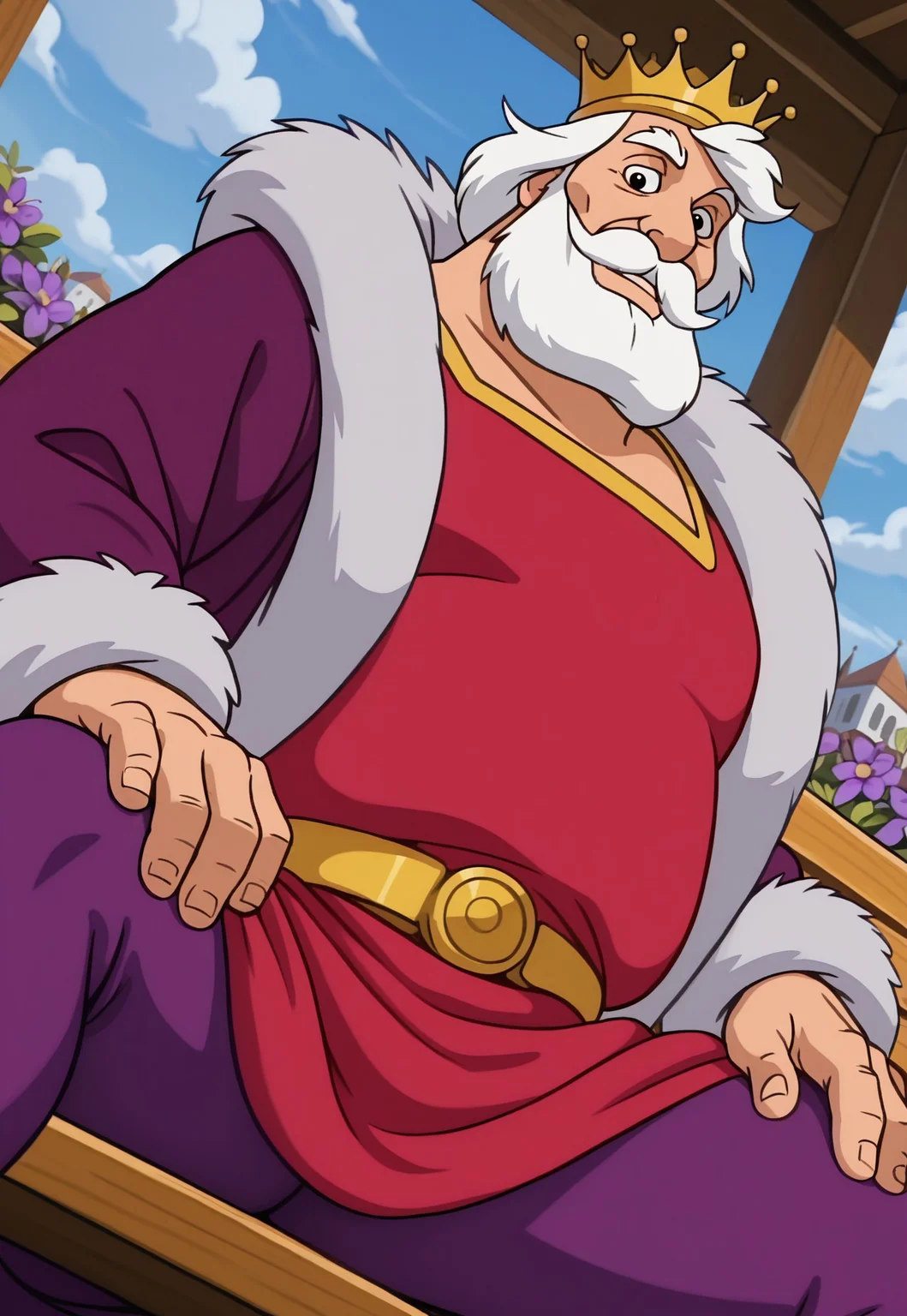masterpiece, best quality, amazing quality, KingGregor, medium hair, white hair, black eyes, beard, mustache, mature male, muscular, fat, crown, dark-purple robe, fur trim, red tunic, gold belt, violet leggings, hand on thigh, looking at viewer, smile, dynamic pose, detailed background, dutch angle, upper body, cowboy shot, palace garden, flowers, blue sky, clouds, sitting on a bench, spread legs, below view,