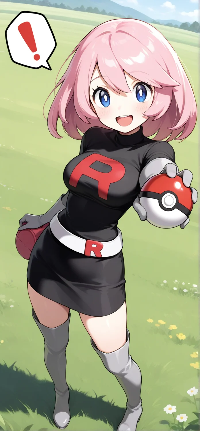 2d, masterpiece, best quality, amazing quality, 1girl, solo, close-up, standing, open mouth, smile, exclamation mark, stretched arm, full body,holding pokeball, looking at viewer, meadow, day, bwyancy, yancy \(pokemon\), blue eyes, white pupils, pink hair, short hair, team rocket grunt \(cosplay\), mole under eye, black hedwear, black shirt, black skirt, thigh boots, grey footwear, grey gloves, belt