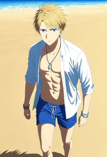 high resolution, solo, best quality, 1Boy, Yamato Ishida, Blond Hair, Blue Eyes, Necklace, beach, calm, clear sky, walking, candid, open shirt, shorts, sixpack, necklace, bracelet, OverallDetail