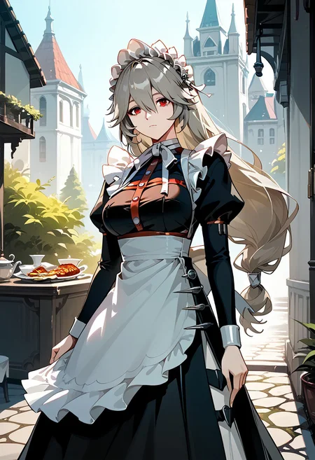 score_9,score_8_up,score_7_up,source_anime,ALEXANDRINA_SEBASTIANE,1girl,solo,long hair,breasts,looking at viewer,bangs,red eyes,long sleeves,dress,closed mouth,half body,grey hair,outdoors,shoes,black footwear,apron,black dress,maid,maid headdress,maid apron,rita rossweisse,