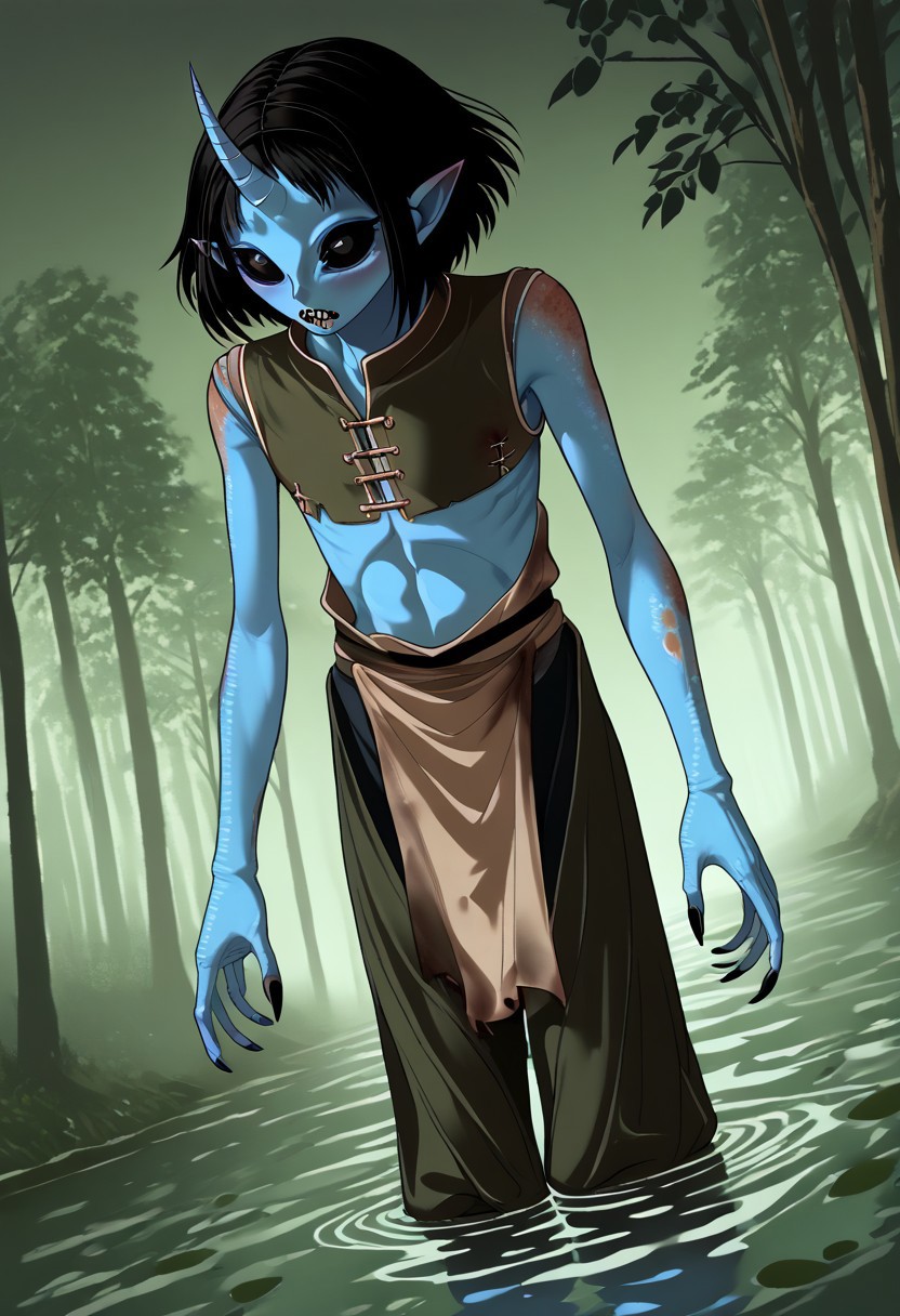 ((Alien humanoid)),
((Alien species)), solo, androgynous, aquatic features 
blue skin, ((webbed hands)):1.4,
((No nose)):1.3, ((nostrils only, nostril slits, vertical nasal slits, narrow nostrils)):1.5, ((narrow eyes)), ((black sclera, black irises)), smooth skin,  pointy ears, small ears, tiny ears, holes in skin, forehead horn, short horn, veiny horn, ((single horn)):1.0, ((4 fingers)), fingernails, thin lips, ((black hair)), ((short hair, spiky hair)), sharp teeth, digitigrade legs, bent legs,
full body shot
ragged clothes, muddy clothes, loincloth, tunic, dirty
Medieval style, fantasy style,
((Variety)):1.2
((dutch angle, 3/4 view))
river background
fully clothed, loose clothing, clean lines, smooth colors, detailed fingers, sfw, source: realistic, rating: pg, score: 8 up, score: 9