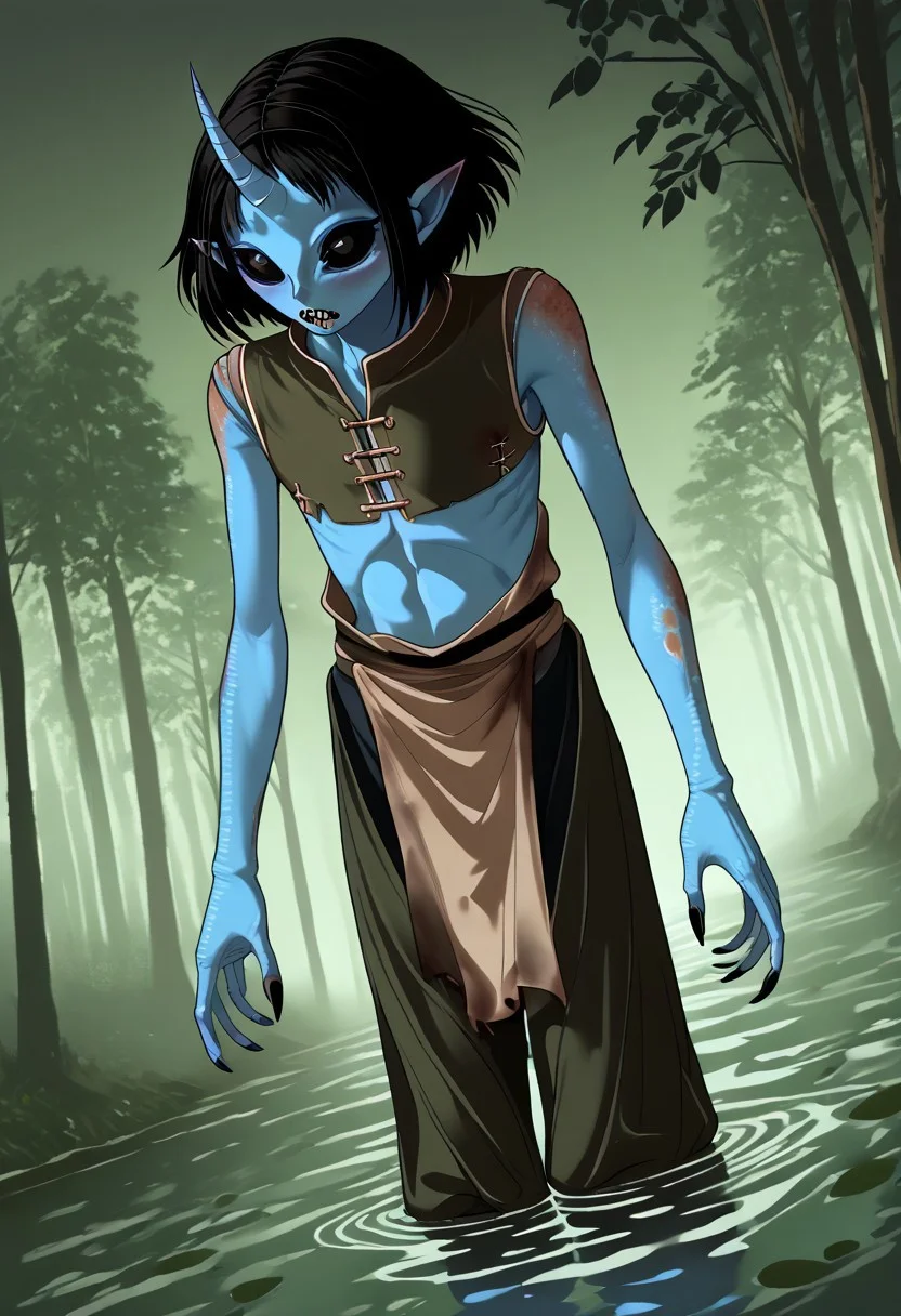 ((Alien humanoid)),
((Alien species)), solo, androgynous, aquatic features
blue skin, ((webbed hands)):1.4,
((No nose)):1.3, ((nostrils only, nostril slits, vertical nasal slits, narrow nostrils)):1.5, ((narrow eyes)), ((black sclera, black irises)), smooth skin, pointy ears, small ears, tiny ears, holes in skin, forehead horn, short horn, veiny horn, ((single horn)):1.0, ((4 fingers)), fingernails, thin lips, ((black hair)), ((short hair, spiky hair)), sharp teeth, digitigrade legs, bent legs,
full body shot
ragged clothes, muddy clothes, loincloth, tunic, dirty
Medieval style, fantasy style,
((Variety)):1.2
((dutch angle, 3/4 view))
river background
fully clothed, loose clothing, clean lines, smooth colors, detailed fingers, sfw, source: realistic, rating: pg, score: 8 up, score: 9