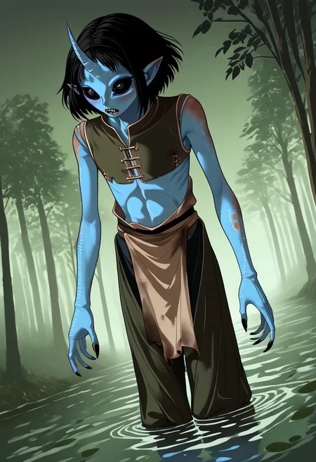 ((Alien humanoid)),
((Alien species)), solo, androgynous, aquatic features
blue skin, ((webbed hands)):1.4,
((No nose)):1.3, ((nostrils only, nostril slits, vertical nasal slits, narrow nostrils)):1.5, ((narrow eyes)), ((black sclera, black irises)), smooth skin, pointy ears, small ears, tiny ears, holes in skin, forehead horn, short horn, veiny horn, ((single horn)):1.0, ((4 fingers)), fingernails, thin lips, ((black hair)), ((short hair, spiky hair)), sharp teeth, digitigrade legs, bent legs,
full body shot
ragged clothes, muddy clothes, loincloth, tunic, dirty
Medieval style, fantasy style,
((Variety)):1.2
((dutch angle, 3/4 view))
river background
fully clothed, loose clothing, clean lines, smooth colors, detailed fingers, sfw, source: realistic, rating: pg, score: 8 up, score: 9