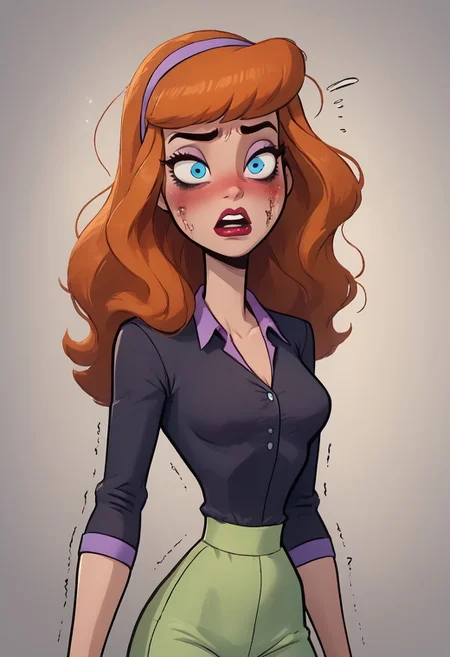 score_9, score_8_up, score_8, 1girl , Daphne, Daphne Blake,1girl, solo, petite, petit, middle breasts, 18 year old, blue eyes, orange hair, B3th3rz, PartierBetherz, black shirt, button up blouse, extra tight open collar, extra tight open_shirt,extra tight white_blazer, extra tight white_pants, one eye higher than another, twisted mouth, messed hair, messy hair, in love, extremely in love, blush, arousal, seductive, seductive face, shaking, destroyed face, destroyed body, awful skin face, long hair, makeup, lipstick, young, skinny, narrow waist, fragile, sexy, perfect body,detective betheerz dress, dynamic pose, posing, wounds, hit herself, selfharm, self harm, wounds on face, wounds on body, extreme amount of wounds, wounds everywhere, tired, tired af, extremely tired, tired eyes, huge amount of tireness, absolutely tired, bags under eyes, shiners, stupid, dumb, extremely stupid, extremely dumb, no brain, brain damage, stupid blonde, extremely stupid blonde, blue eyes, eye twitching, nervous eye twitching, extremely hard eye twitching, totally burnt hair, sexy, horny