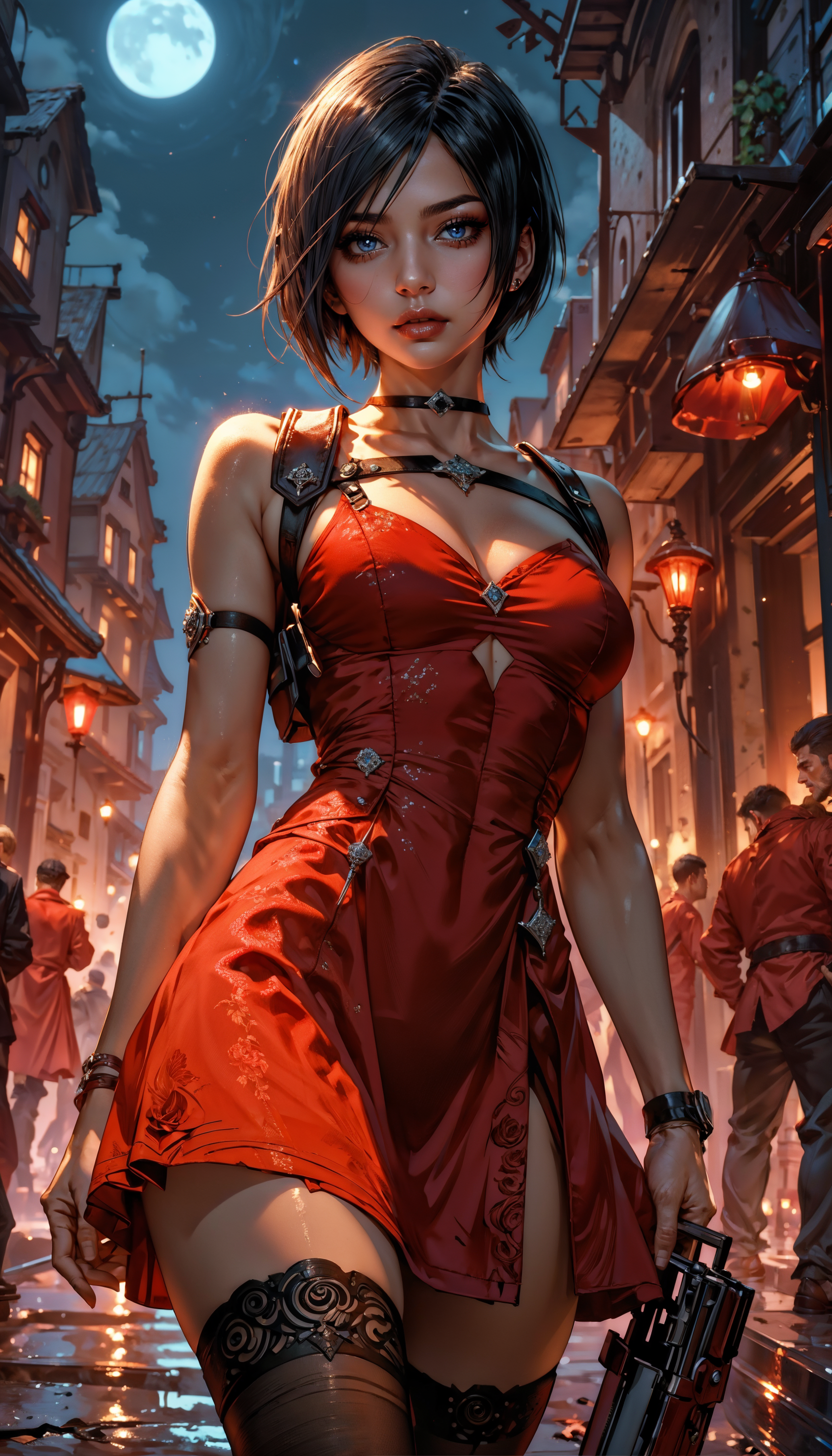 score_9, score_8_up, score_7_up,  1girl, ada wong, resident evil, short hair, dark hair, toned, Red wooly short dress, collared dress, harness, thighhighs, (shoulder holster), gothic, night, low-key lighting, dimly lit, dark, underground parking lot  <lora:Expressive_H-000001:0.8>, expressiveH        <lora:Fant5yP0ny:0.9> <lora:Pony_DetailV1.0:0.9>