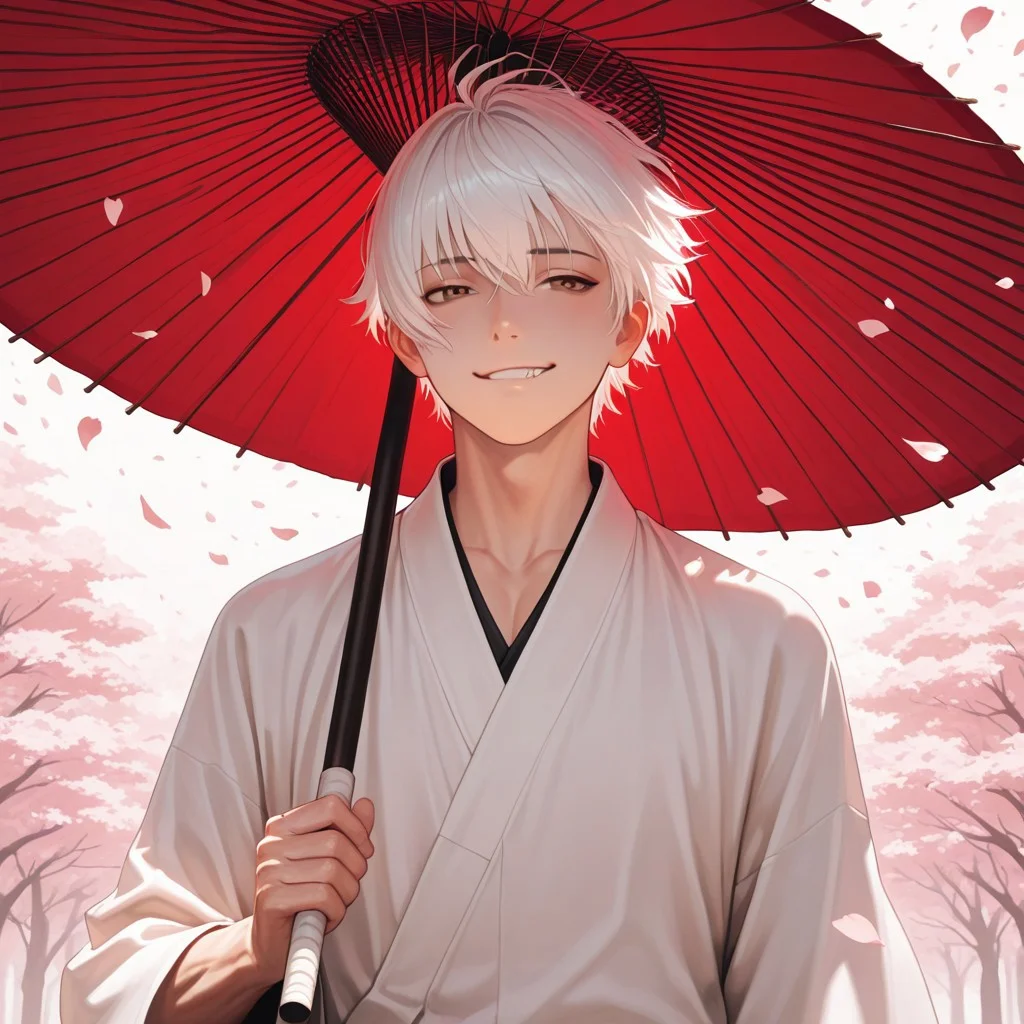 masterpiece, best quality, amazing quality, absurdres, newest, detailed background, definition so sharp, Ultra-HD, 8K cinematic, very awa, impressionate, amazing quality, highres,
solo, male focus, manly,
yashiroisana, 1boy, short hair, bangs, shiro_white hair, shiro_brown eyes, oil-paper umbrella, holding umbrella like a staff, playful smirk, calm gaze, wind blowing, floating petals, aesthetic, powerful, serene, playful