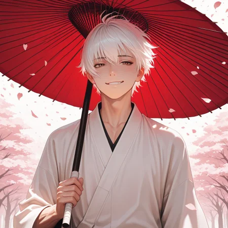 masterpiece, best quality, amazing quality, absurdres, newest, detailed background, definition so sharp, Ultra-HD, 8K cinematic, very awa, impressionate, amazing quality, highres,
solo, male focus, manly,
yashiroisana, 1boy, short hair, bangs, shiro_white hair, shiro_brown eyes, oil-paper umbrella, holding umbrella like a staff, playful smirk, calm gaze, wind blowing, floating petals, aesthetic, powerful, serene, playful