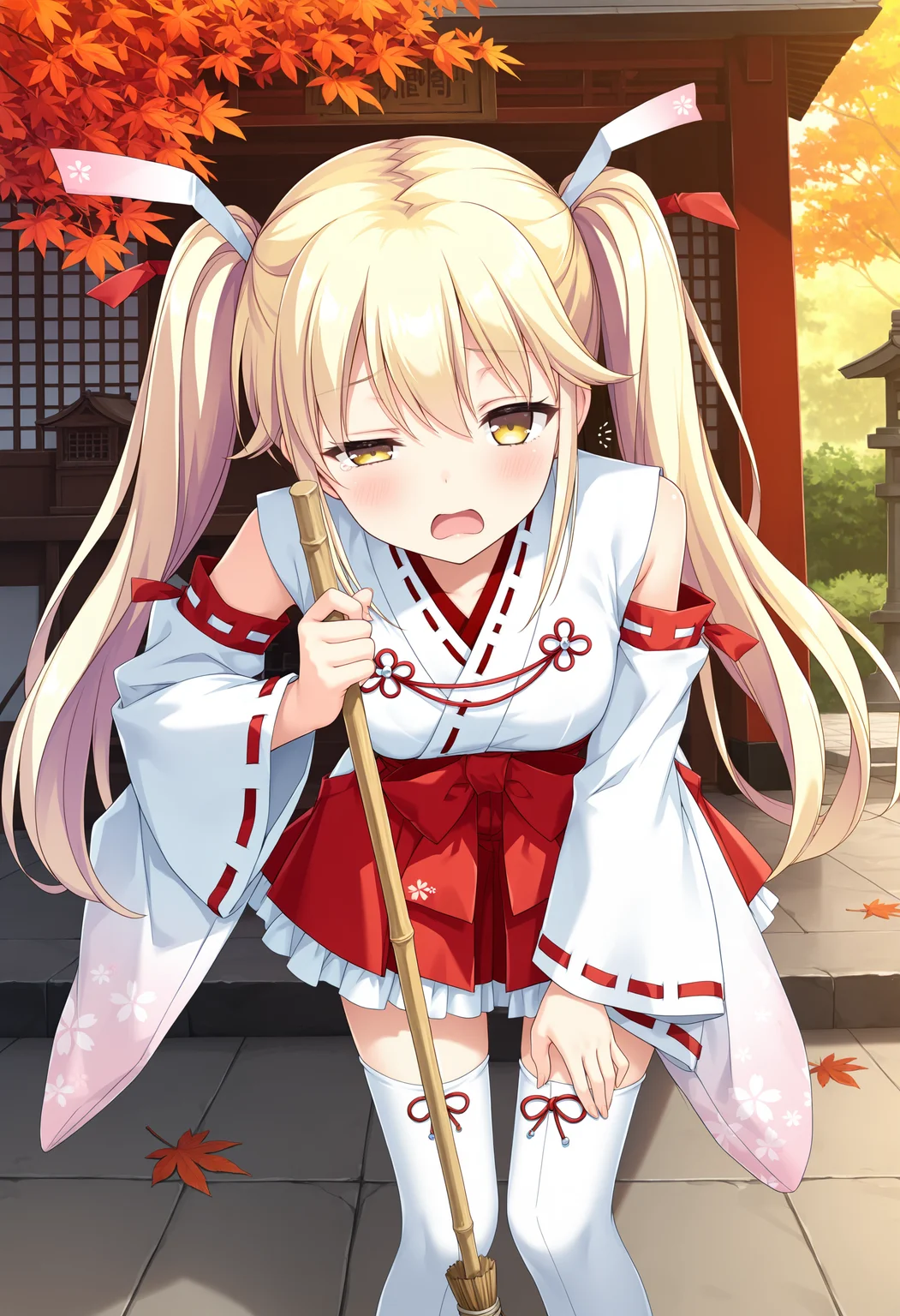 <lora:Urara_Illustrious+noobai:1>,Urara2,1girl,solo,blonde hair,detached sleeves,twintails,thighhighs,japanese clothes,miko,skirt,ribbon trim,hakama,hakama skirt,ribbon-trimmed sleeves,nontraditional miko,wide sleeves,ribbon,hakama short skirt,hair ribbon,looking at viewer,holding broom,autumn leaves,shrine,sigh,frown,bored,open mouth,exhausted,bent over,leaves on floor,yellow eyes,half-closed eye,