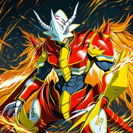 High quality, good shots, anime, 8K, masterpiece, beautiful, sharp focus, crisp details, masterclass, 1boy, solo, Vritra2.0, (Vritramon, Digimon:1.4), Flame wings, Helmet, Armor, Horns, Gauntlets, tail, blue eyes, closed mouth, Muscular, muscles with visible veins, Black inner body, powerful composition, looking at viewer, Cool pose