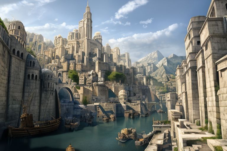 (masterpiece:1.2), (best quality,:1.2), 8k, HDR, ultra detailed, ((photorealistic)), professional light, cinematic lighting, fashion photography, ambient lighting, atmospheric effects, Numenor, a medieval fantasy harbour, some big ships, big statues, towers, walls, <lora:Numenor-10:1>, in the style of Middle Earth, Tolkien, Minas Tirith, epiCPhoto