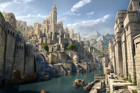 (masterpiece:1.2), (best quality,:1.2), 8k, HDR, ultra detailed, ((photorealistic)), professional light, cinematic lighting, fashion photography, ambient lighting, atmospheric effects, Numenor, a medieval fantasy harbour, some big ships, big statues, towers, walls, <lora:Numenor-10:1>, in the style of Middle Earth, Tolkien, Minas Tirith, epiCPhoto