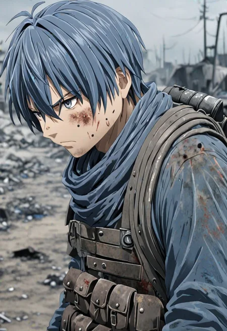 high resolution, solo, best quality, 1Boy, Tomoya Okazaki, Grey Blue Hair, shallow depth of field, Post-Apocalyptic, survival, OverallDetail