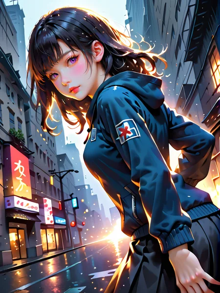 score_9,score_8_up,score_7_up,score_6_up,anime Scores,hyperrealistic,hyperdetailed,anime,PonyScores,(((sfw:2))),
1girl,bo-abyss,abstract monochrome composition with splashes of deep purple black accents,high quality,ultra detailed,colorful,abstract,particles,fantasy,partially blended with abstract digital elements. the background features layers of glitch art,fragmented texts,and metallic textures.,a digital illustration in a semi-realistic,anime-inspired style,it features a young woman with pale skin and striking,vivid purple eyes,her long,straight black hair with blunt bangs frames her face,and her lips are full and slightly parted,giving her a sultry expression,she is wearing a black hoodie that is open,revealing her ample breasts,and a black choker with a small pendant around her neck,her right hand is delicately touching her cheek,while her left hand rests on her right cheek,the background is a dimly lit,urban setting with a brick wall and neon signs in various colors,including red,blue,and green,adding a vibrant contrast to her dark attire,the lighting is soft and directional,highlighting her features and the texture of her skin,the overall mood is dark and mysterious,with a touch of gothic elegance,background on the street,night,dynamic_angle,dutch angle,cowboy_shot,((dynamic pose:1.4)),