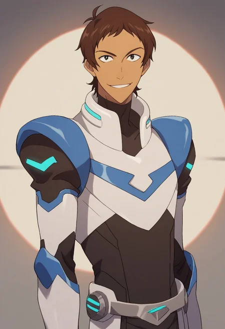 score_9, score_8_up, score_7_up, source_anime, highly detailed, 
lance, 1boy, male focus, solo, brown hair, short hair, dark skin, smile, dark-skinned male, armor, black eyes, neon trim, bodysuit, blue bodysuit, upper body,
indoor, aerospace base