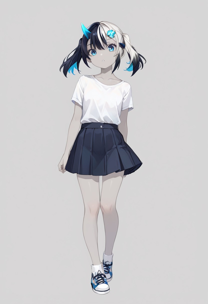 score_9, score_8_up, score_7_up, source_anime,
1girl,
pyre_ms, main_fit, two-tone hair, multi-colored hair, black hair, white hair, twintails, horn, hair ornament, blue eyes, gray skin, flat chest, casual clothes, shirt, skirt,
simple background, full body,