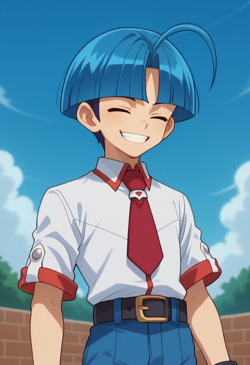 score_9, score_8_up, score_7_up, source_anime, highly detailed, 
caswell, 1boy, male focus, solo, blue hair, necktie, ahoge, red necktie, belt, shirt, school uniform, bangs,  blue pants, pants, white shirt, closed eyes, smile, grin,
outdoor, sky, upper body,