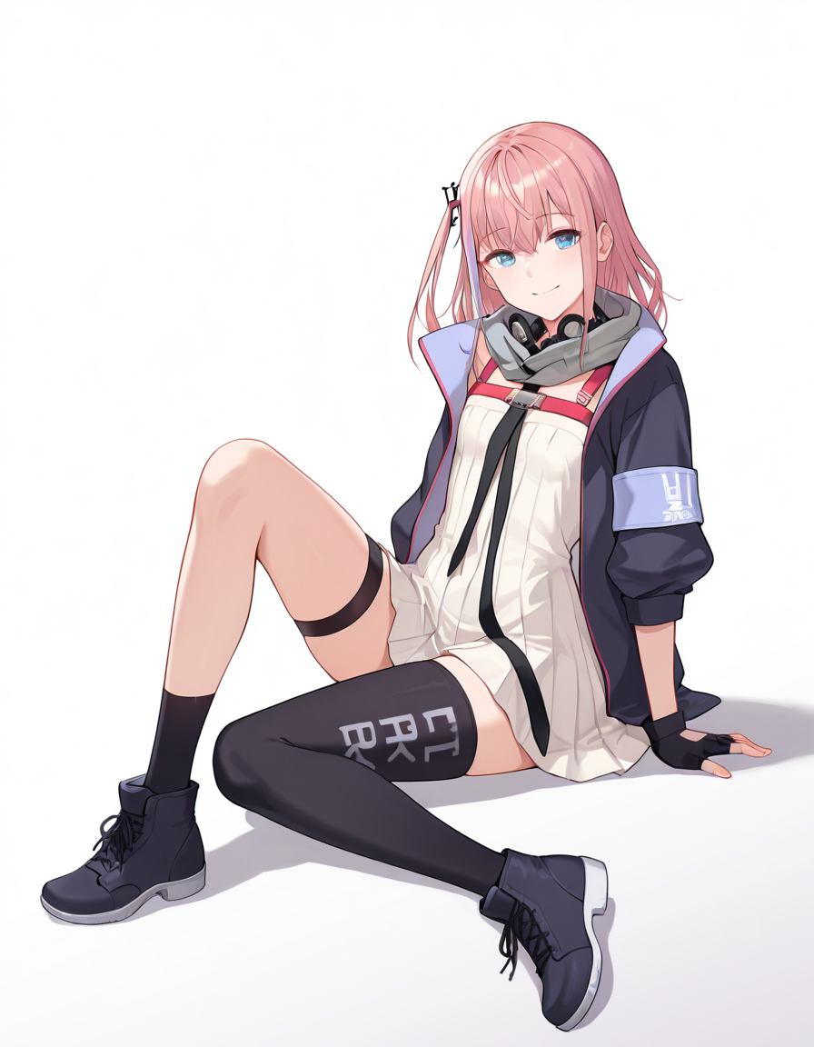 Volumetric Lighting, (masterpiece), (best quality), (ultra-detailed), masterpiece, source_anime, score_9, score_8_up, score_7_up BREAK, illustration, disheveled hair, detailed eyes, perfect composition, moist skin, intricate details BREAK, AR15, pink hair, blue eyes, long hair, one side up,streaked hair BREAK, AR15def, def_dress, def_scarf, def_collar, def_necktie, def_chest_strap, def_thigh_strap, def_thighhigh, single thighhigh, def_kneehigh, single kneehigh, mismatched legwear,def_jacket, AR15_hair_ornament, open jacket, one side up, def_fingerless_gloves BREAK, ((white background)), looking at viewer, sitting, knee up, shadow, full body, smile
