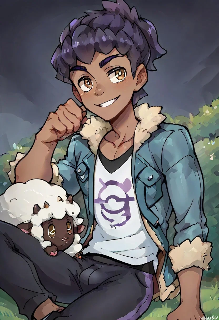 (masterpiece), score_9, score_8_up, score_7_up, score_6_up, score_5_up, score_4_up, 1boy, solo, Hop, dark purple hair, light brown eyes, dark skin, fur-trimmed jacket, shirt, pants, sitting, smile, pokemon (creature), fluffy sheep pokemon
Black outline, thick outline