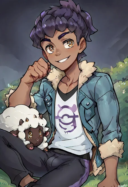 (masterpiece), score_9, score_8_up, score_7_up, score_6_up, score_5_up, score_4_up, 1boy, solo, Hop, dark purple hair, light brown eyes, dark skin, fur-trimmed jacket, shirt, pants, sitting, smile, pokemon (creature), fluffy sheep pokemon
Black outline, thick outline