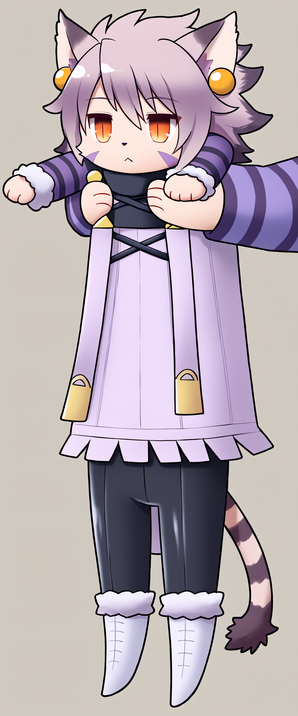score_5_up, source_anime
BREAK
<lora:ElhPDXL:1> <lora:LongCatMeme_XLPD:1> elh, IncrsXLLCM, full body, chibi, holding animal / holding person, 1girl, solo, furry female, cat girl, :<,  expressionless, cute, red eyes, orange eyes, body fur, elhattire, fur trim,  black pants, white boots, cat ears, white hair, short hair, shiny hair, earrings, facial mark, animal nose, striped tail, striped sleeves