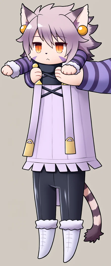 score_5_up, source_anime
BREAK
<lora:ElhPDXL:1> <lora:LongCatMeme_XLPD:1> elh, IncrsXLLCM, full body, chibi, holding animal / holding person, 1girl, solo, furry female, cat girl, :<, expressionless, cute, red eyes, orange eyes, body fur, elhattire, fur trim, black pants, white boots, cat ears, white hair, short hair, shiny hair, earrings, facial mark, animal nose, striped tail, striped sleeves