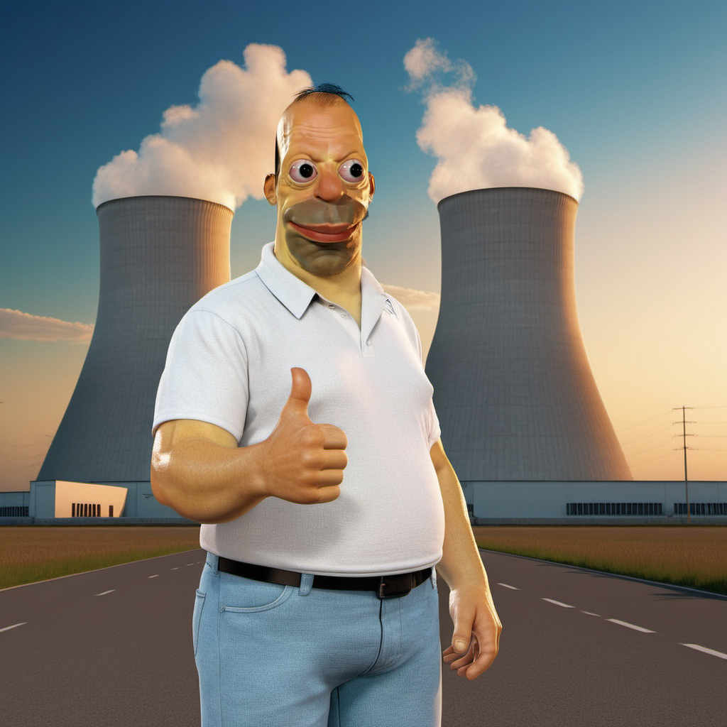Homer1024, a man with a white shirt and a jean pants, stand in front of a nuclear plant, thumbs up, highly detailed, photography, ultra sharp, film, bokeh, professional, 64k   <lora:Homer1024:0.8>