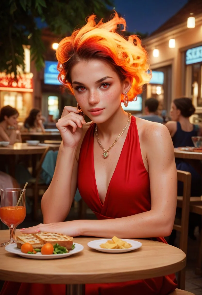 score_9, score_8_up, score_7_up, score_6_up, 
1girl, 25 years old, perfect face, looking at viewer, 
freckles, red eyes, 
flaming hair, 
long red dress, night dress,
necklace, earrings, 
public event, tables, food, 
dynamic pose, sit,
