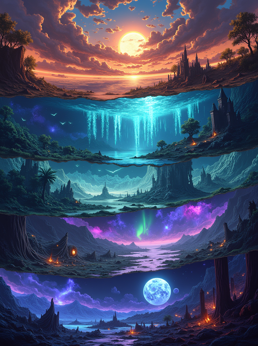 newfantasycore. 
Create a single image split into 10 sections, each showcasing a distinct world. In the first section, a fiery desert stretches across the horizon, with blackened rocks and swirling ash storms. The second section depicts an enchanted forest, where towering bioluminescent trees glow in a soft, magical light. In the third section, an underwater city looms in the deep sea, its ancient, ghostly structures covered in glowing seaweed. The fourth section reveals a floating city of crystal spires suspended in a vibrant sky filled with luminous clouds. The fifth section shows a post-apocalyptic wasteland, with crumbling ruins and mutated creatures roaming the barren land. In the sixth section, a frozen landscape dominates, with jagged ice mountains and the aurora borealis casting eerie light. The seventh section captures an ancient jungle temple, hidden amongst overgrown vines and guarded by towering stone statues. In the eighth section, a glowing ethereal graveyard stretches into the mist, with wandering spirits among endless tombstones. The ninth section portrays a world of eternal night, lit only by soft moons, with sharp cliffs and vast caverns. Finally, the tenth section reveals a futuristic city inside a hollowed asteroid, with neon lights and towering metallic structures reaching into space. Each world should be subtly interconnected by magical threads or glowing lines, with distinct color schemes and unique atmospheres for each.
