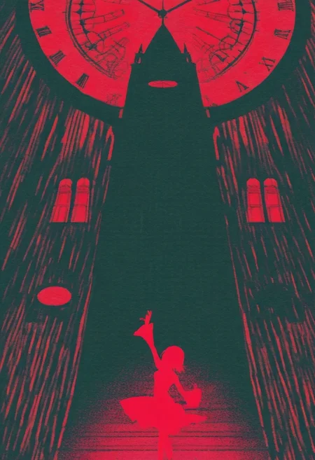 silhouette of a dancing puppet against the background of a large clock tower