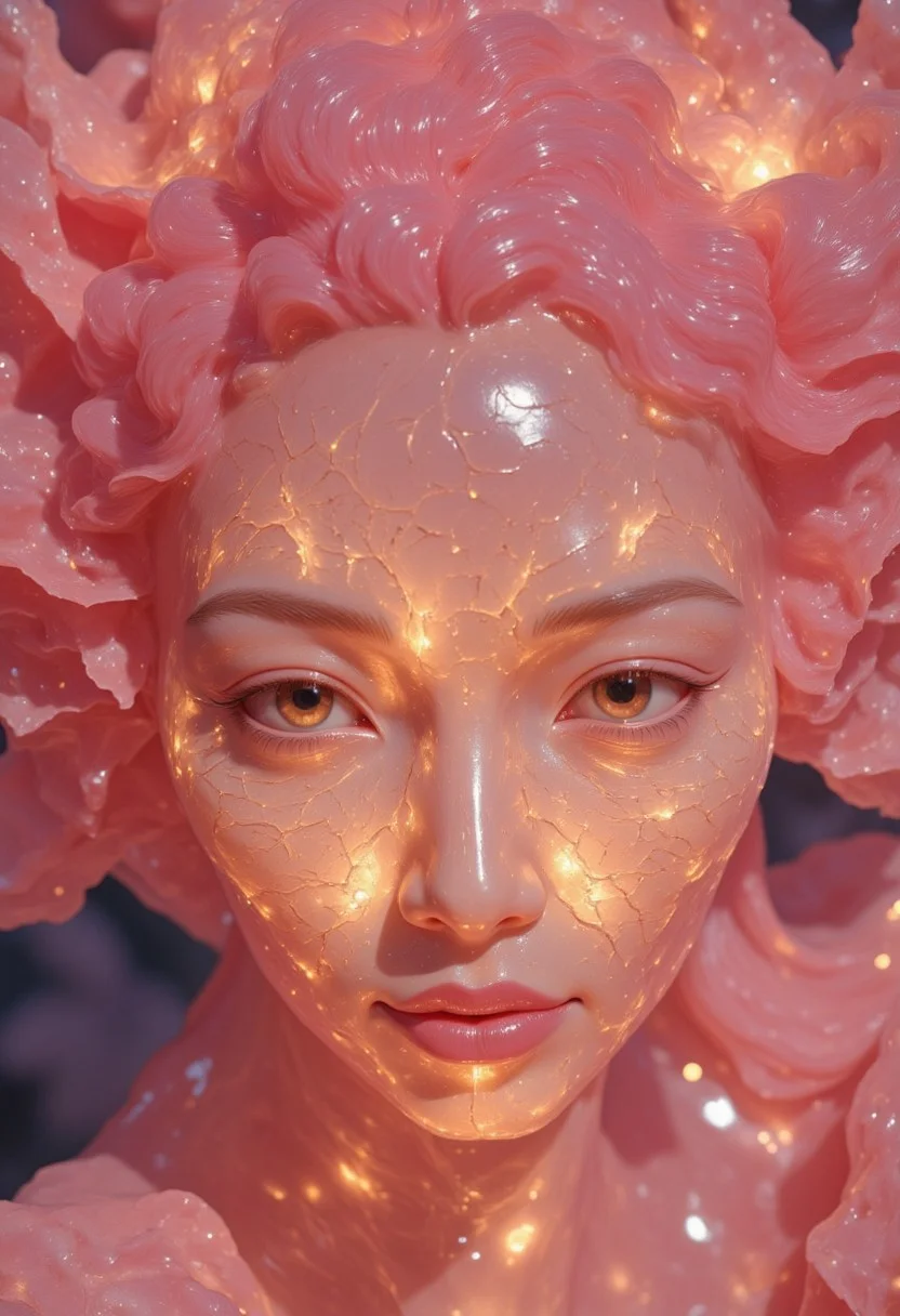 Close-up portrait of a statue of a an asian woman staring at the viewer. Her head and body are semi-translucent, polished Rose Quartz, with numerous, glowing, fine, hairline cracks covering the head and down her neck creating a statue-like effect. Her eyes are a light pink color, gold dust eye shadow, and her lips are a rich, gold-colored lipstick. The lighting focuses on the face, creating strong highlights and shadows. The background is softly blurred showing a sea of cherry blossoms petals, but is blurred and out of focus so all visual attention is on the woman's eyes, nose and mouth. Her pink, curly hair blends in with the background. The overall impression is one of dramatic beauty, with an almost otherworldly quality. (((ultra-realistic style))), realistic soft lighting, eye-catching, atmospheric lighting, natural, shallow depth of field, (highlights: 0.8), high detail (dynamic, sincere, cinematic shot, film grain, bokeh, depth of field) <lora:FLUX-daubrez-DB4RZ-v2:1> DB4RZ, DB4RZ style painting