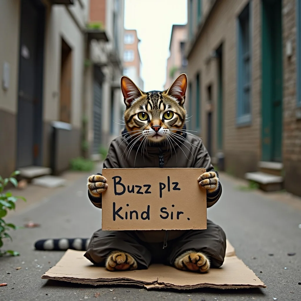 Photo of a cat in dirty old clothes sitting on a piece of cardboard in a dirty alleyway. Holding up a sign that says "Buzz plz kind sir"