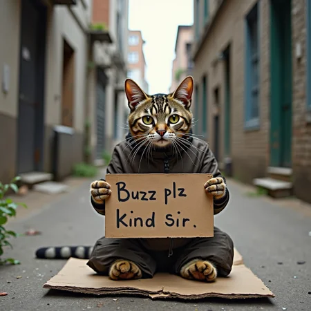Photo of a cat in dirty old clothes sitting on a piece of cardboard in a dirty alleyway. Holding up a sign that says "Buzz plz kind sir"