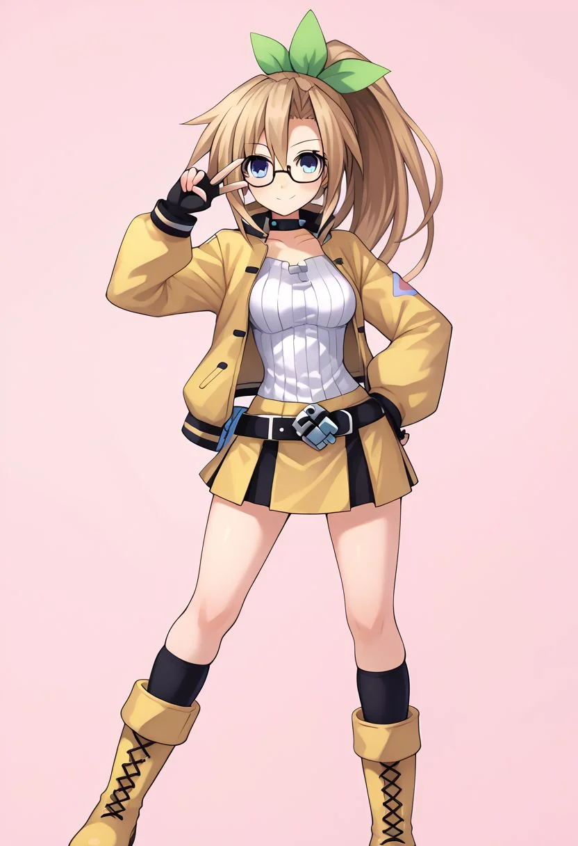 score_9, score_8_up, score_7_up, source_anime,(1girl), solo, IF \(neptunia)\, blonde hair, ponytail, short ponytail, blue eyes, ((((tall female, long legs, medium breasts)))), (((red rimmed glasses, fingerless gloves, yellow skirt, pleated skirt, miniskirt, leather belt, yellow vest, white shirt, white shirt, white shirt, ribbed shirt, sweater shirt, yellow boots, leather boots, yellow jacket, cropped jacket, long sleeves, thick thighs, zettai ryouiki, wide hips, thin waist, black thighighs))), winking, hand on hip, v sign, smiling, cute pose