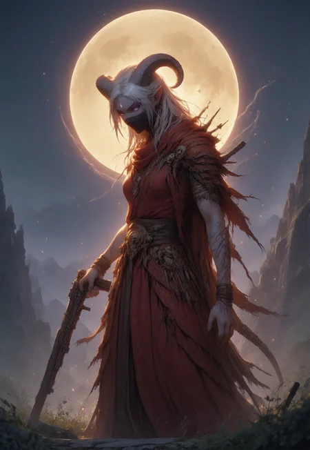 (absurdres, best quality, masterpiece:1.4), score_9, score_8_up, score_7_up, score_6_up, detailed, detailed body, detailed face, world of warcraft, fantasy, <lora:add-detail-xl:1.5>,
fFaceDetail, SkinDetail, ((female, draenei, tall, athletic arms, pale white skin, smooth skin, long white hair, purple eyes, no pupil, no sclera, long white tail), (h0rns, ram horns, white horns),
(long fingers, purple fingernails, purple nail polish)),
(long loose red dress, simple armlet, black facemask, red silk scarf), GunMonk, shotgun, holding shotgun,
full body, side view
outdoor, evening, mountains, moon