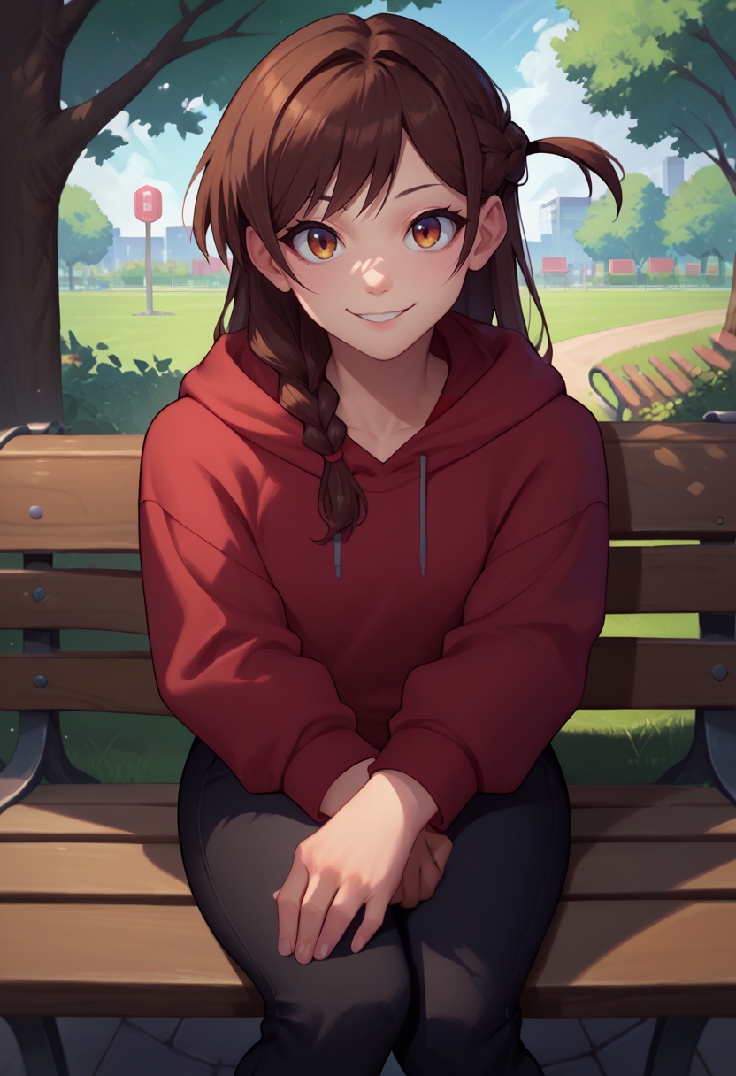 score_9, score_8_up, score_7_up, solo, 1girl, mizuhara chizuru, smile, looking at viewer, sitting, park bench, braid, one side up, red hoodie, black pants, outdoors <lora:rentagirlfriend_mizuhara_ponyXL:1>