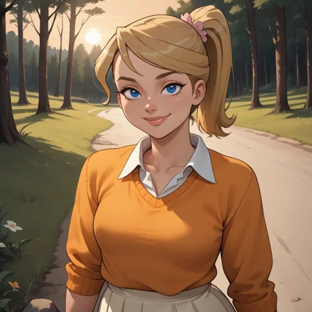 score_9, score_8, BREAK, solo, blonde hair, ponytail, blue eyes, lips, orange sweater, collared shirt, yellow skirt, white and pink sneakers, total drama, Emma_(Total_Drama), plump, cute, breasts, sexy pose, smile, outdoors, sunlight, shadows, evening lighting, natural lighting, forest, trees, grass, orange sky, sunset